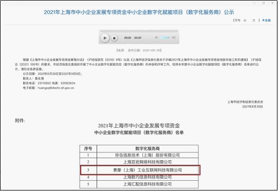 上海开云kaiyun工业互联网获得“上海市中小企业发展专项资金中小企业数字化赋能项目”